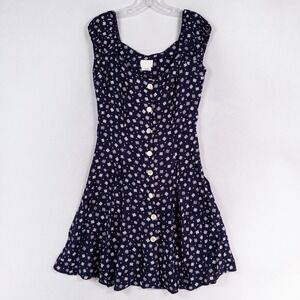 Vintage Moda International Dress Womens 12 Navy Blue Floral Button Front 90s